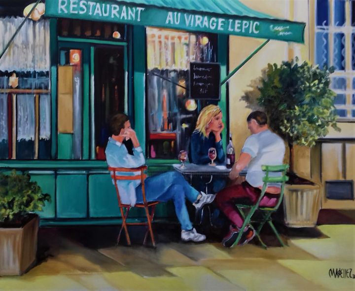 Painting titled "Au virage Lepic" by Martine Woellet, Original Artwork, Oil Mounted on Wood Stretcher frame