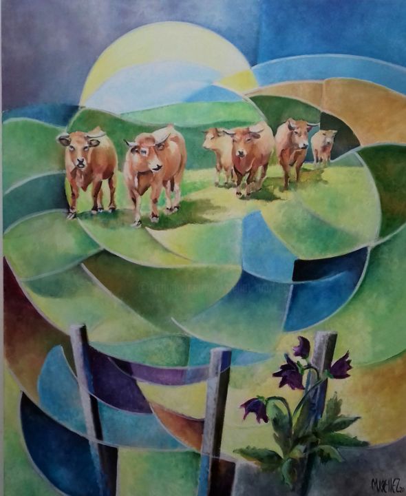 Painting titled "Dans l'Aubrac" by Martine Woellet, Original Artwork, Oil Mounted on Wood Stretcher frame