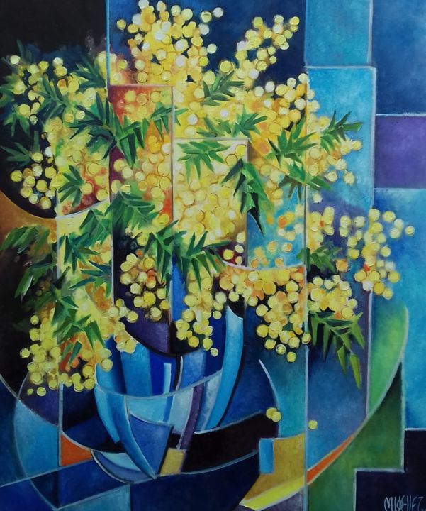 Malerei mit dem Titel "Mimosa du soir" von Martine Woellet, Original-Kunstwerk, Öl