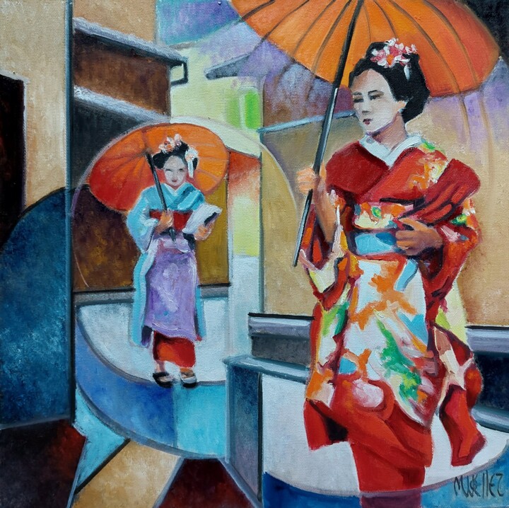 Painting titled "geishas" by Martine Woellet, Original Artwork, Oil Mounted on Wood Stretcher frame