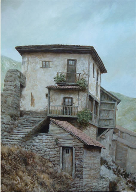 Painting titled "The house in mounta…" by Vadim Voitekhovitch, Original Artwork, Oil