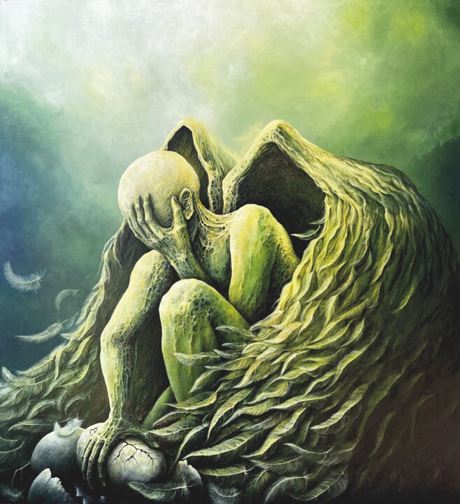 Malarstwo zatytułowany „Anioł” autorstwa Wojtek Malicki, Oryginalna praca, Olej Zamontowany na Drewniana rama noszy