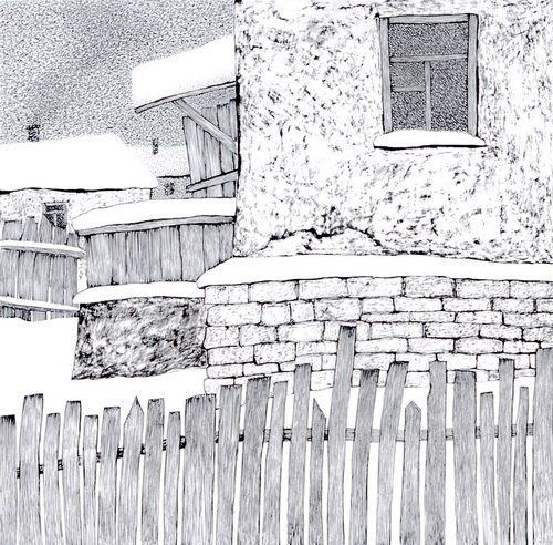 Рисунок под названием "зимний двор" - Николаевич, Подлинное произведение искусства
