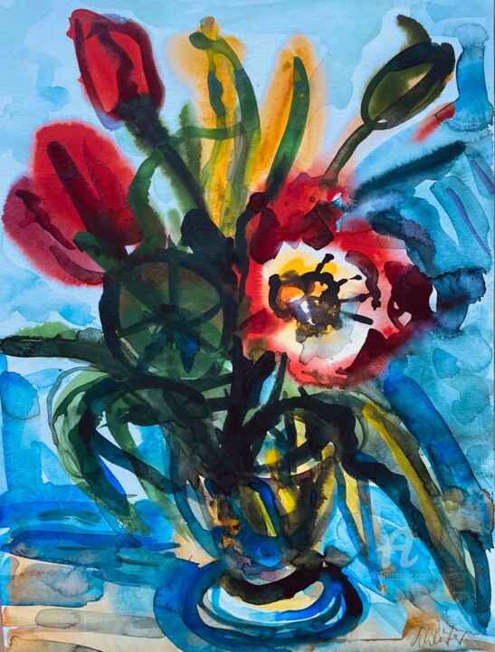 Malerei mit dem Titel "Tulpen im Glas" von Wolfgang Schlüter, Original-Kunstwerk, Aquarell