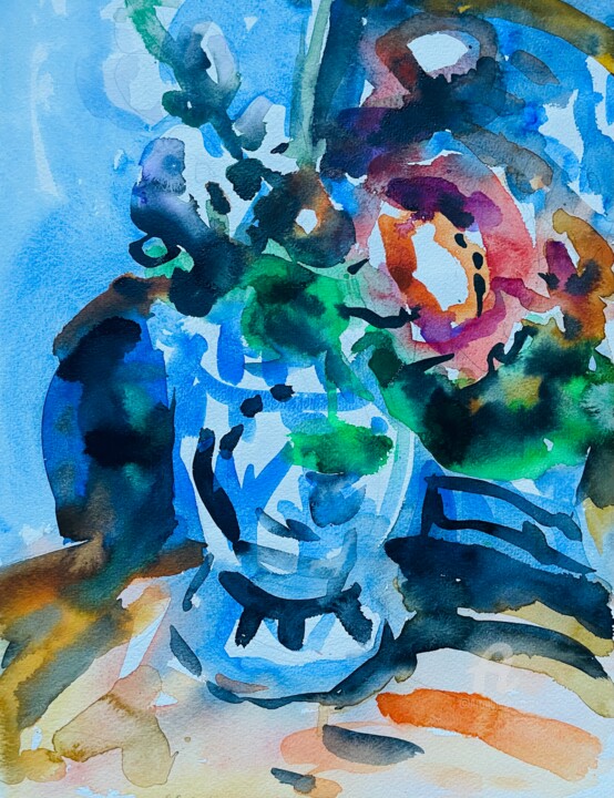 Schilderij getiteld "Blumen in blau weiß…" door Wolfgang Schlüter, Origineel Kunstwerk, Aquarel