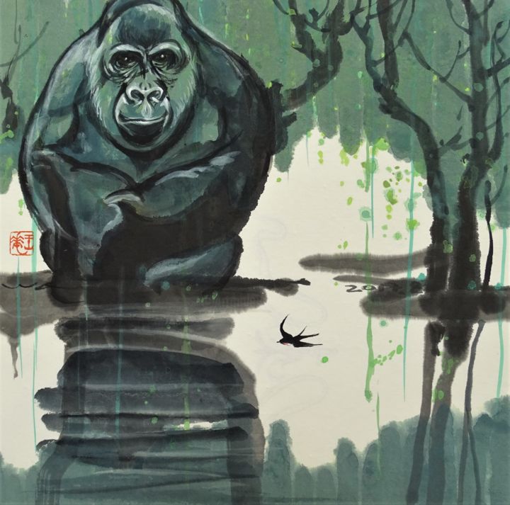 Картина под названием "Gorille sous la plu…" - Wa Wong, Подлинное произведение искусства, Чернила