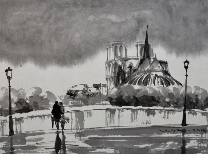 Painting titled "Notre Dame de Paris" by Wa Wong, Original Artwork, Ink