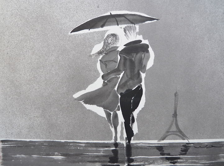 Peinture intitulée "Couple à la Tour Ei…" par Wa Wong, Œuvre d'art originale, Encre