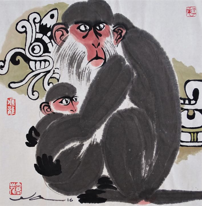 Pintura intitulada "Singe en terre inco…" por Wa Wong, Obras de arte originais, Tinta