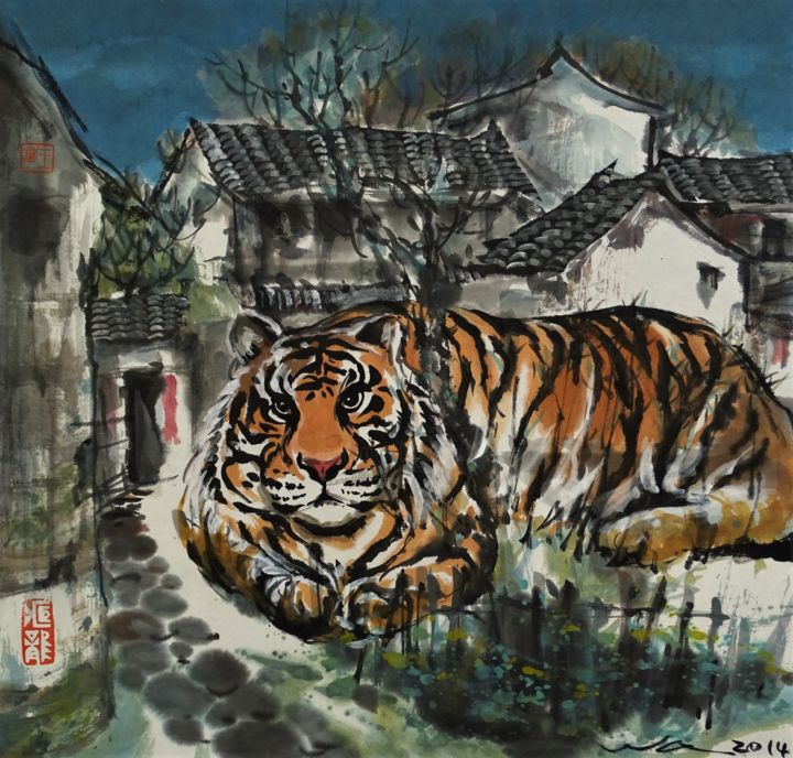 Peinture intitulée "Tigre dans la ville" par Wa Wong, Œuvre d'art originale, Encre