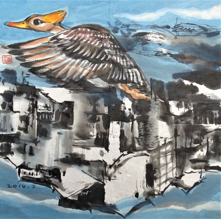 「Oiseau dans la ville」というタイトルの絵画 Wa Wongによって, オリジナルのアートワーク, インク