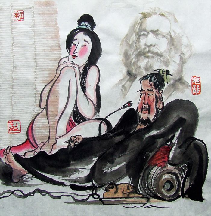Peinture intitulée "Bouchée de marxisme" par Wa Wong, Œuvre d'art originale, Encre
