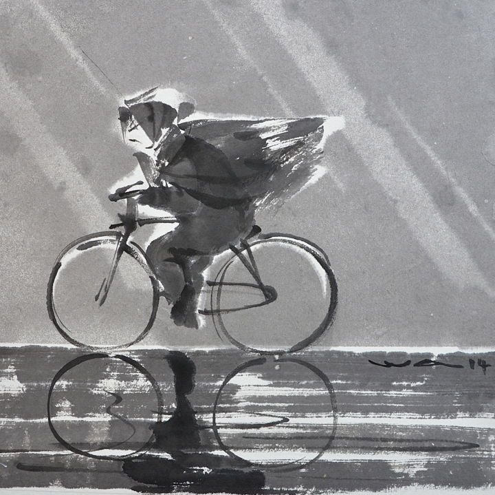 Peinture intitulée "Fille à bicyclette" par Wa Wong, Œuvre d'art originale, Encre