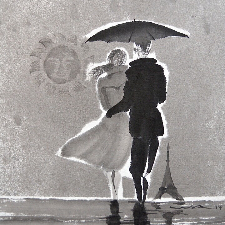 Peinture intitulée "Couple sous la pluie" par Wa Wong, Œuvre d'art originale, Encre