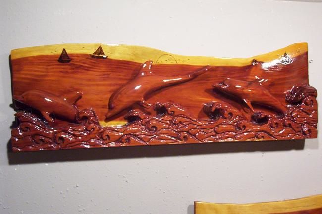 Sculpture titled "Dolphin wood carving" by Lane Daniel, Original Artwork, Wood