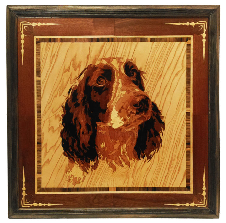 Коллажи под названием "Wood panel.Spaniel…" - Woodins, Подлинное произведение искусства, Мозаика Установлен на Деревянная па…