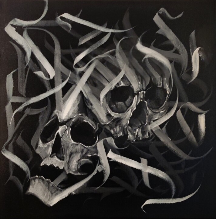 Schilderij getiteld "Double skull" door Wuste, Origineel Kunstwerk, Acryl Gemonteerd op Frame voor houten brancard