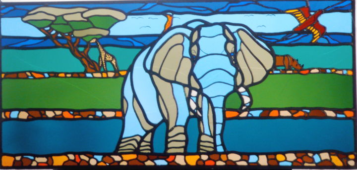 Pittura intitolato "l'éléphant et l'ois…" da Véronique Widmann, Opera d'arte originale, Vetro