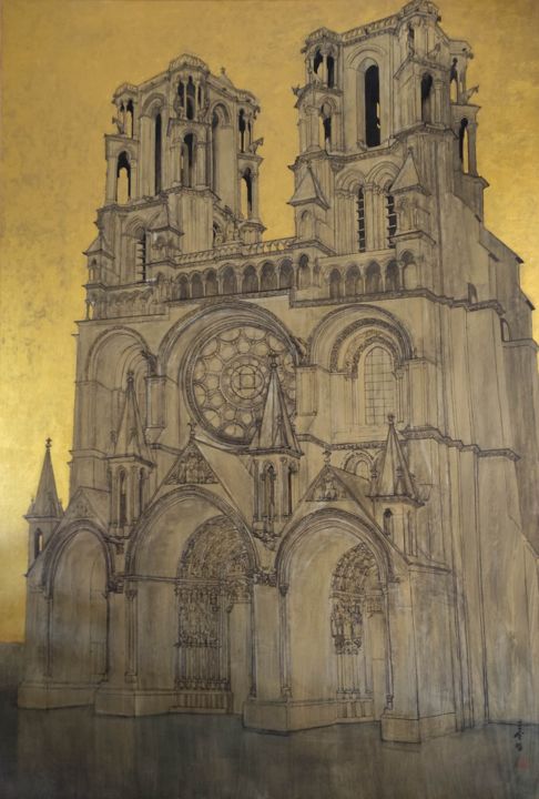 Peinture intitulée "Cathédrale de Laon" par Jin Fang Wang, Œuvre d'art originale, Encre