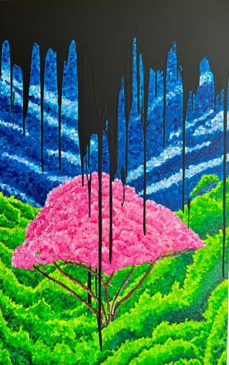 Painting titled "Pink Tree is Dying" by Xale, Original Artwork, Acrylic Mounted on Wood Stretcher frame