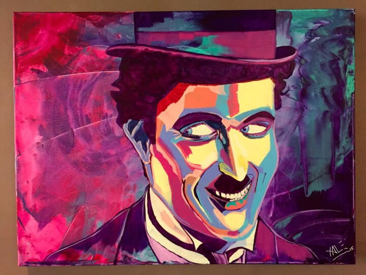 Painting titled "Charlie Chaplin" by Xale, Original Artwork, Acrylic Mounted on Wood Stretcher frame