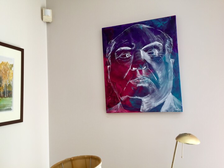 Painting titled "Alfred Hitchcock" by Xale, Original Artwork, Acrylic Mounted on Wood Stretcher frame
