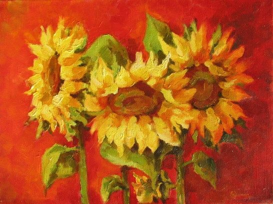 Painting titled "Sunflowers in red" by Oxana Cherkassova, Original Artwork