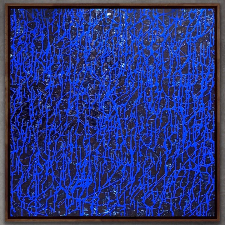 Painting titled "DRIPPING BLUE" by Xaro, Original Artwork, Acrylic Mounted on Wood Panel