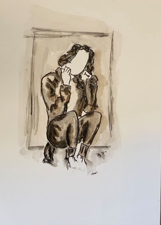 Drawing titled "Assise sur un repos…" by Xavier Trobel, Original Artwork, Ink