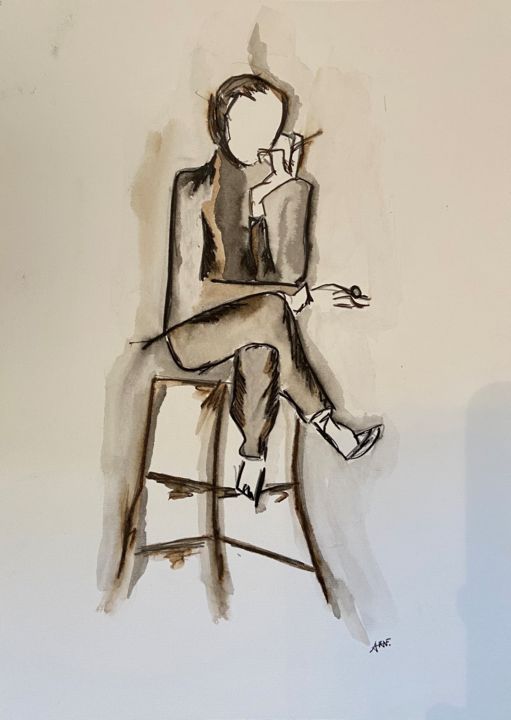 Drawing titled "Assise sur tabourete" by Xavier Trobel, Original Artwork, Pencil