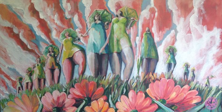 Painting titled "Le gang des ombrell…" by Xavier Marchand, Original Artwork, Acrylic