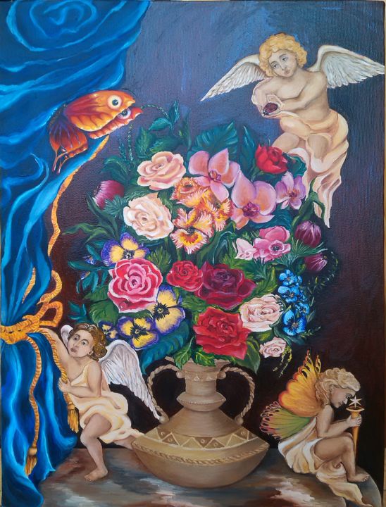 Malerei mit dem Titel "Хранители цветов" von Olga Artemenchuk, Original-Kunstwerk, Öl