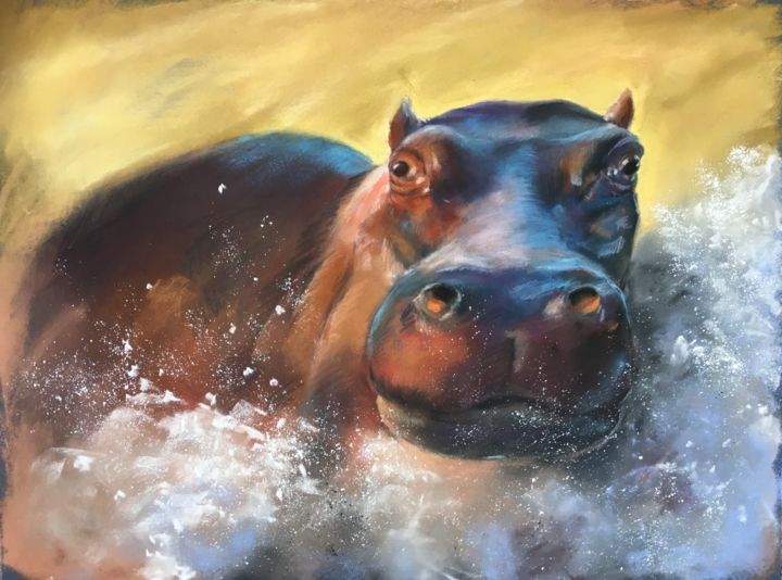 Drawing titled "Hippo bath - wildli…" by Ksenia Lutsenko, Original Artwork, Pastel