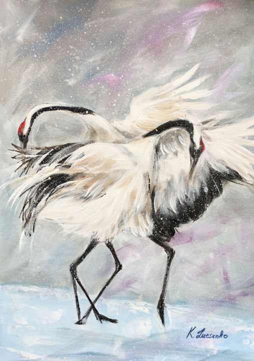 Peinture intitulée "Two Cranes - birds…" par Ksenia Lutsenko, Œuvre d'art originale, Acrylique
