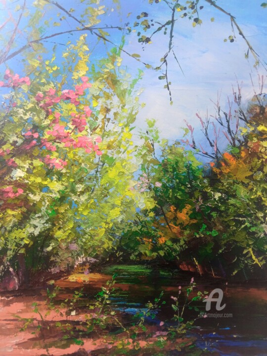 Painting titled "It's spring again" by Xi Chen, Original Artwork, Oil Mounted on Wood Stretcher frame