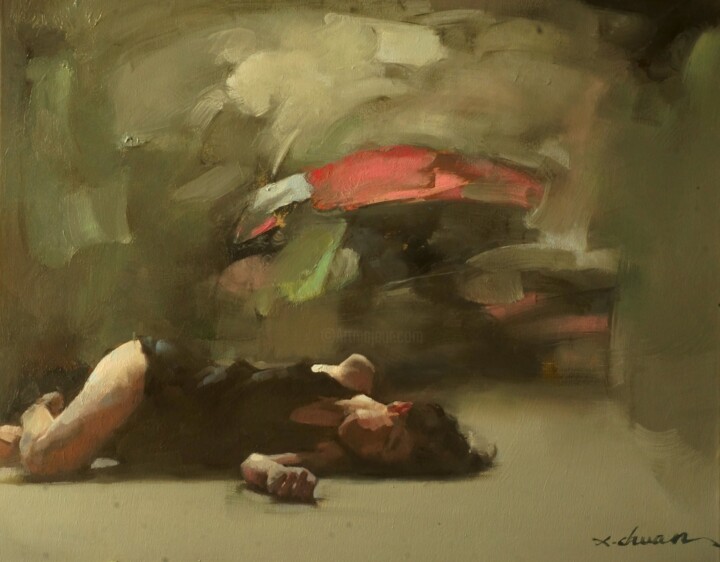 Painting titled "黑夜里的粉红" by Xiao Chuan Zhang, Original Artwork, Oil Mounted on Wood Stretcher frame