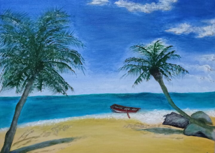 「A tropical beach」というタイトルの絵画 Xiaomei Liによって, オリジナルのアートワーク, アクリル