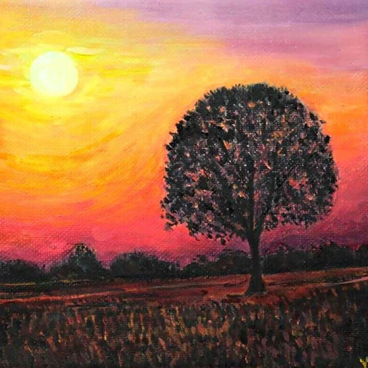 Painting titled "Sunset in the count…" by Xiaoning Yu, Original Artwork, Oil