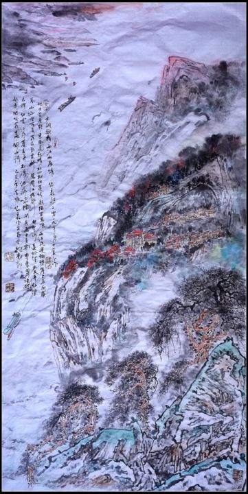 Painting titled "Dawn of West River" by Rongsong Xie Xie Rong Song, Original Artwork, Pigments