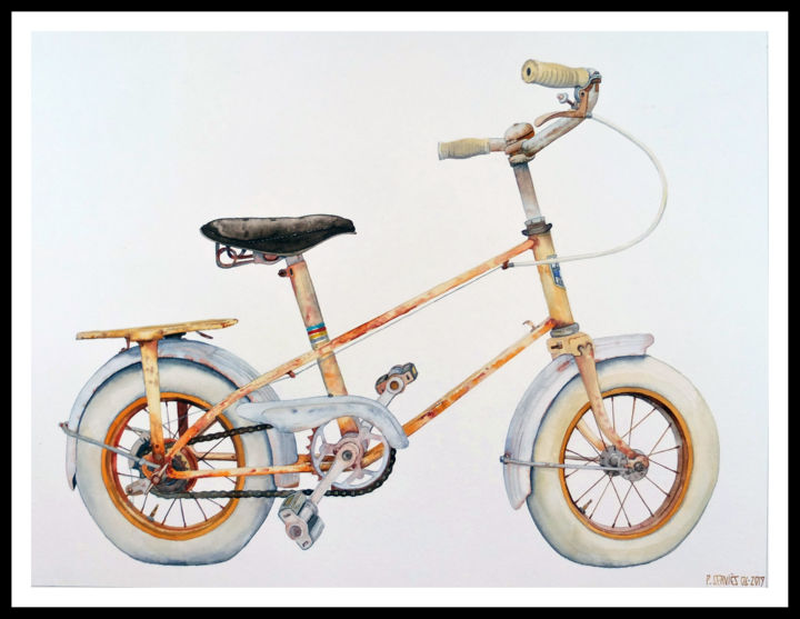 Painting titled "le p'tit vélo" by Pascal Serviès, Original Artwork, Watercolor