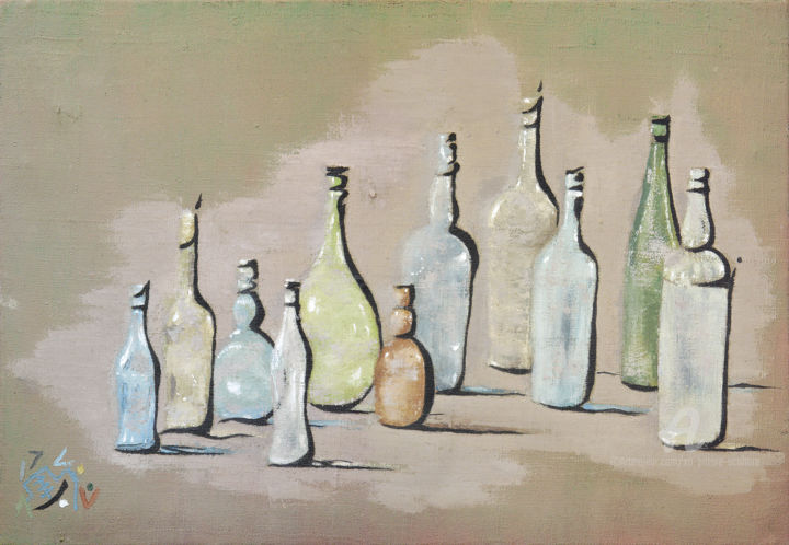 Peinture intitulée "bouteilles" par X.O., Œuvre d'art originale, Huile Monté sur Châssis en bois