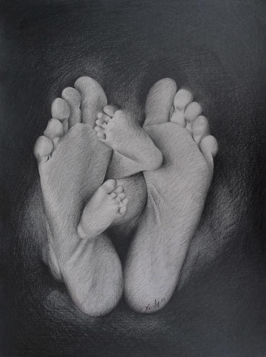 Drawing titled "Mommy" by Xristastavrou, Original Artwork, Pencil Mounted on Cardboard