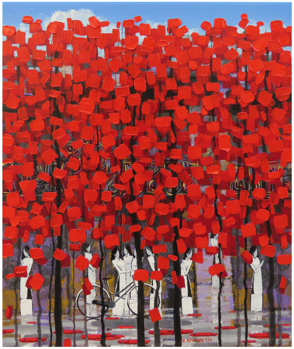 绘画 标题为“Row of red trees #12” 由Xuan Khanh Nguyen, 原创艺术品, 丙烯