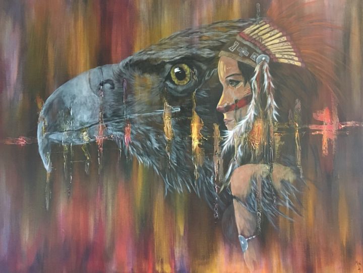 Painting titled "L'aigle et la chaman" by Xuan Mai Ly, Original Artwork, Acrylic