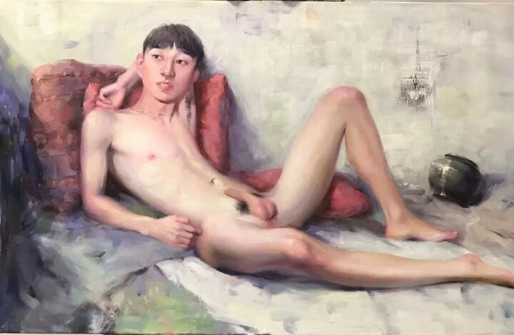 Painting titled "boy on bed" by Xueyu, Original Artwork, Oil