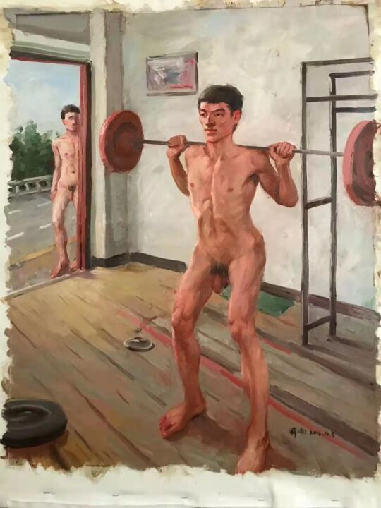 Painting titled "Boy lifting weights" by Xueyu, Original Artwork, Oil