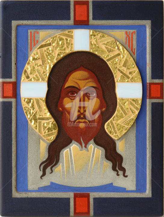 Schilderij getiteld "The Holy Mandylion" door Yurii Hrechyn, Origineel Kunstwerk, Acryl