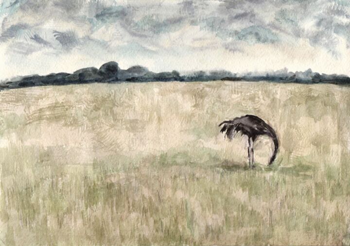 Картина под названием "The crane" - Yuliya Kachan, Подлинное произведение искусства, Акварель