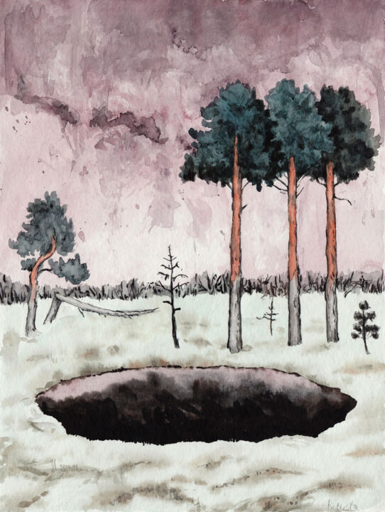 Painting titled "Marsh pond" by Yuliya Kachan, Original Artwork, Watercolor
