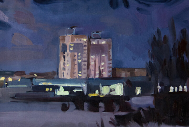 Картина под названием "Night city" - Yuliya Kachan, Подлинное произведение искусства, Масло